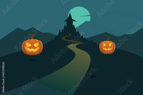 glowing carved pumpkins on foggy mountain paths  .eps
