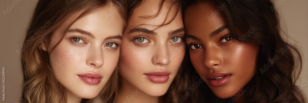 Obraz premium Celebrate Natural Beauty With Diverse Glowing Skin Tones in a Soft Gradient Background Highlighting Unique Features Beautifully and Elegantly