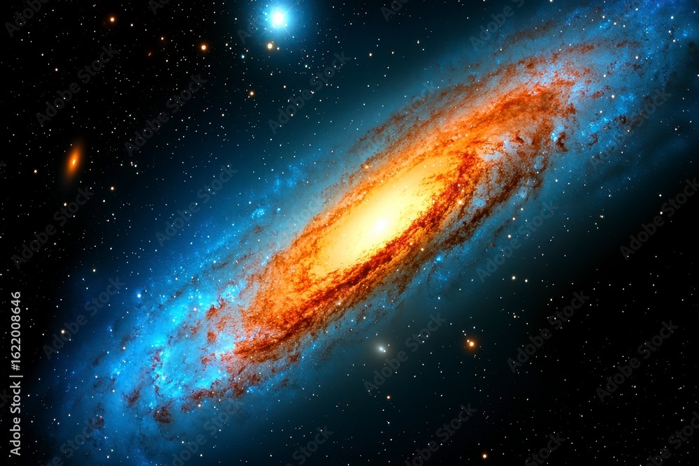 Fototapeta premium Vibrant Spiral Galaxy with Orange and Blue Hues in Deep Space