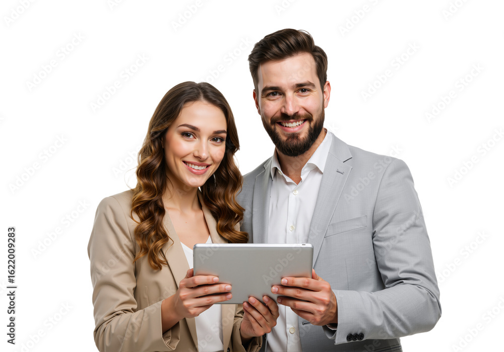 A woman in a beige blazer and a man in a gray suit smile at the camera while reviewing a tablet, showcasing professionalism and teamwork.
A woman in a beige blazer and a man in a gray suit smile at the camera while reviewing a tablet, showcasing professionalism and teamwork.