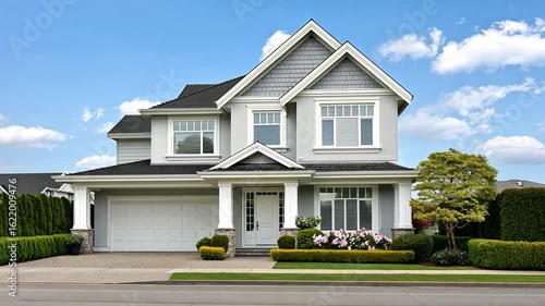 Modern Residential House with Elegant Architecture, Spacious Porch, Large Windows, and Beautiful Garden Filled with Flowers and Greenery