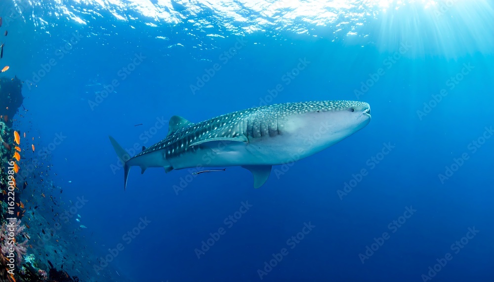 Obraz premium A large whale shark glides through the deep blue sea, illuminated by sun rays filtering from the water's surface next to a vibrant reef.