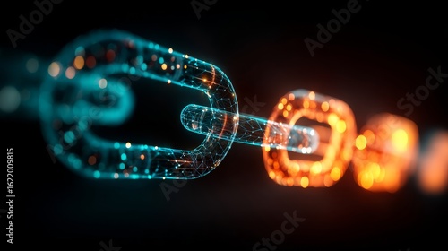 Interlinked chain links glow with warm orange and cool blue hues on a carbon fiber surface,