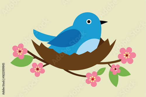 realistic spring bird png with nest and cherry blo (1).eps