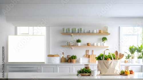 Reusable shopping bag with fresh vegetables, bamboo utensils, and eco-friendly packaging placed on top of a table and white wall, natural lighting, clean, and perfect for sustainability campaigns.