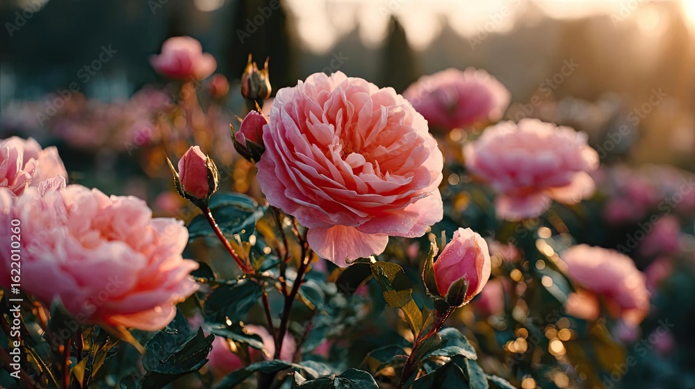 Fototapeta premium Alba rose echo in flower concept. Beautiful pink roses blooming in a serene garden at sunset.