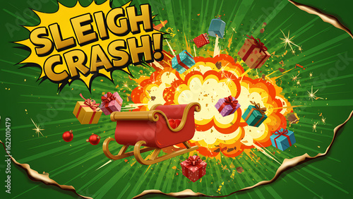 Sleigh Crash Explosion with Flying Christmas Gifts and Torn Vintage Background