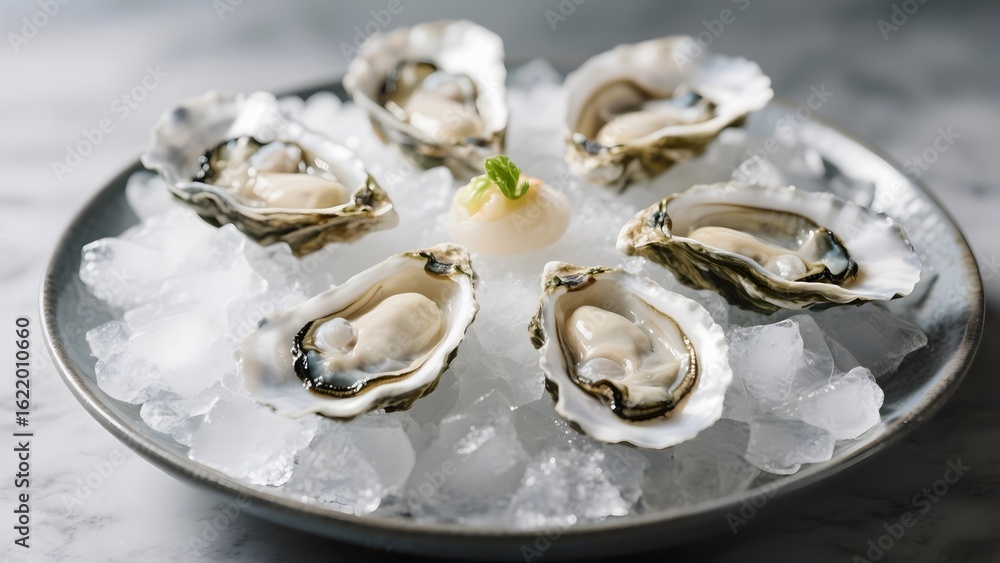 Fresh oysters served on a bed of ice with a lemon garnish Fresh oysters served on a bed of ice with a lemon garnish