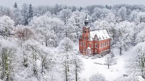 Snowy landscape with a red brick building nestled in a winter forest.