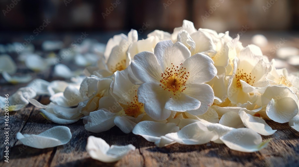 Obraz premium Alba rose echo in flower concept. Delicate white flowers with petals resting on a wooden surface.