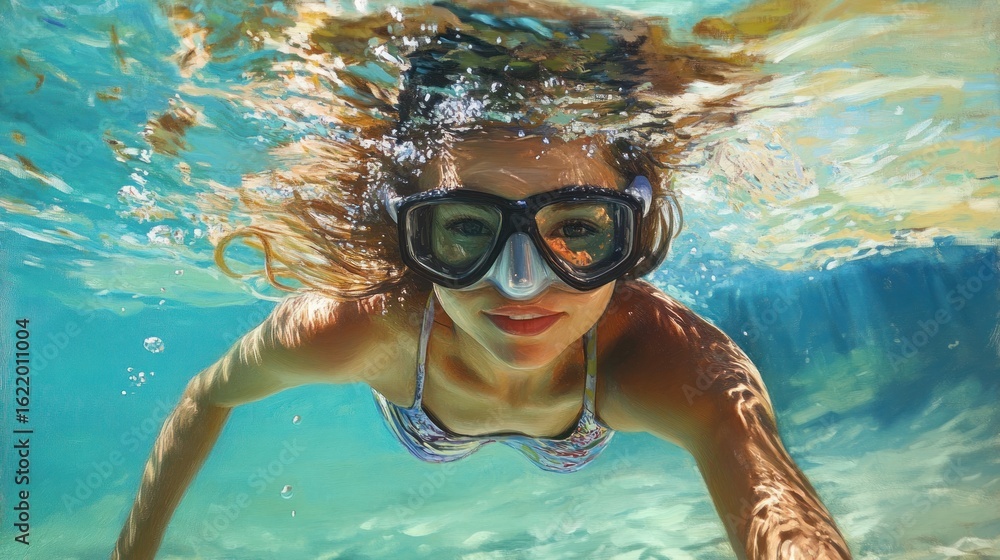 Fototapeta premium Underwater Woman Snorkeling, Turquoise Water, Coral Reef Background