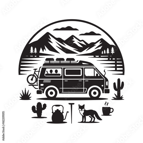 Retro camper van parked in a desert landscape with mountains and cacti featuring a bicycle a fox and camping gear all in a striking silhouette style