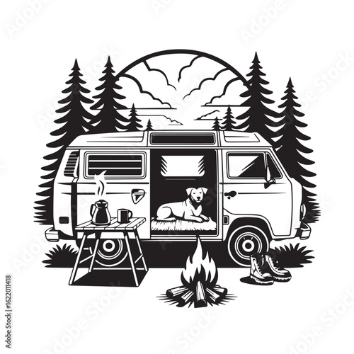 Retro camper van with dog inside enjoying a campfire and outdoor cooking scene silhouette