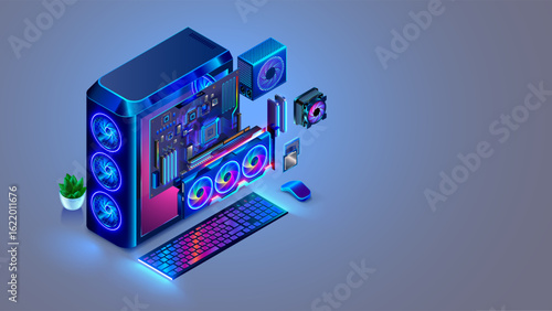Gaming computer assembly isometric concept. Computer parts. CPU, GPU, motherboard, system case, RAM memory, coolers. Custom assembly pc desktop computer. PC upgrade, assembly or repair service.