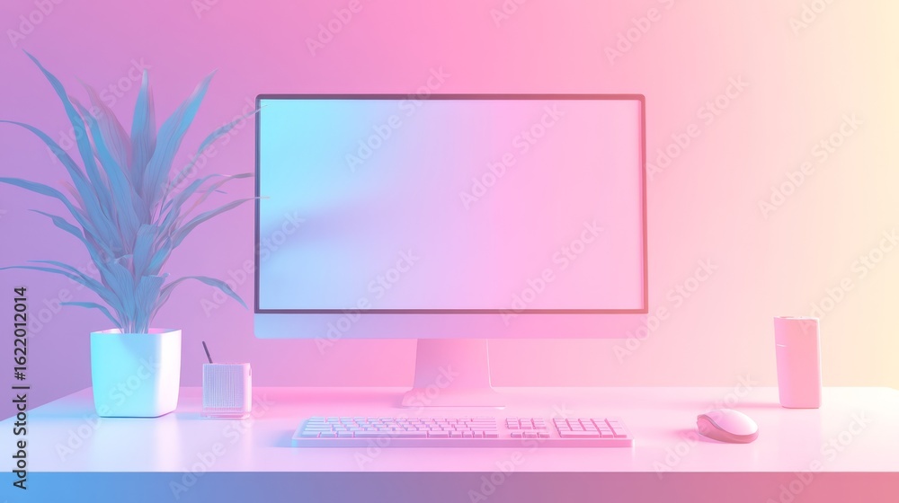 32.A modern desktop environment featuring a high-tech computer screen, keyboard, and mouse, illuminated by colorful LED strips in gradient hues of pink and blue, creating a futuristic workspace 32.A modern desktop environment featuring a high-tech computer screen, keyboard, and mouse, illuminated by colorful LED strips in gradient hues of pink and blue, creating a futuristic workspace