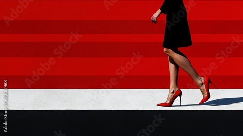 Woman in Black Dress and Red Heels Walking on Red and White Striped Background