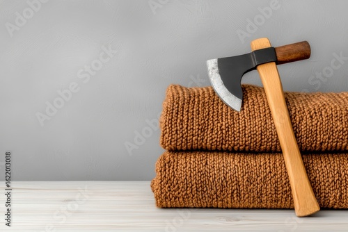 Wood Splitting Axe Leaning Against Stack of Brown Towel on White Wooden Table Indoor