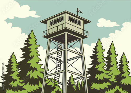 Firewatch Tower Standing Tall in a Dense Forest Landscape at Sunset