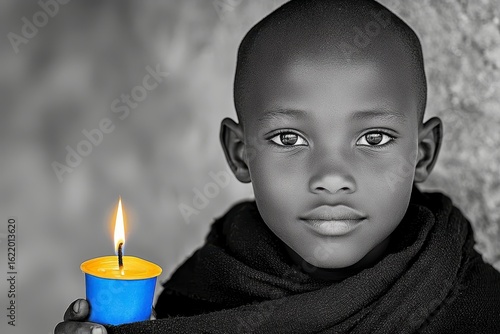 Young Boy Holds Lit Blue Candle Black and White Portrait