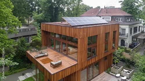 Modern wooden house with solar panels on a residential lot
