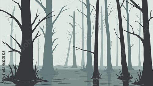 Serene Flooded Forest with Trees Standing in Calm Water Reflecting Sky and Foliage