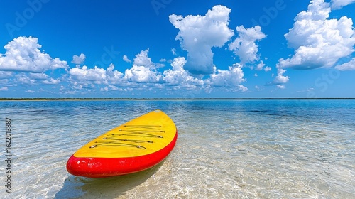 Yellow Red Paddleboard on Sandy Beach Summer Day