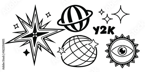 Y2K Aesthetic Black and White Graphic with Stars Planets and Symbols