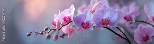 Orchid palette in flower tempo concept. Delicate pink orchid blossoms on a blurred soft background.