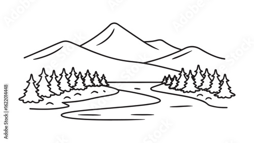 Stunning mountain landscape featuring a flowing river and lush green trees under a clear blue sky line art flat vector illustration.