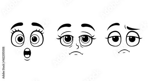Animated character expressions showing surprise, sadness, and boredom  
