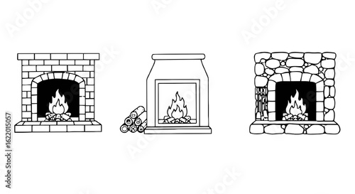 Three different fireplace designs with flames and firewood stacks  