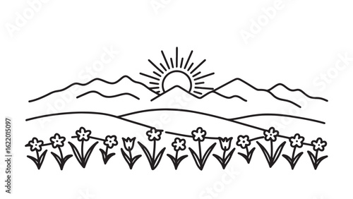 The sun rises over a mountain range, illuminating grass and flowers in a vibrant display of nature's beauty line art flat vector illustration.