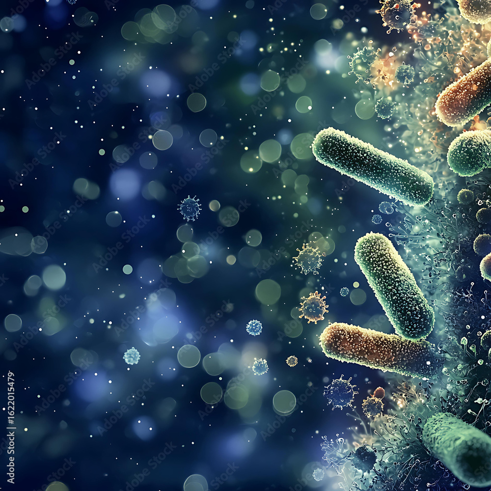 Fototapeta premium Microscopic View of Colorful Bacteria with Soft Focus Background Showing Cells and Particles in a Vibrant and Abstract Scientific Illustration