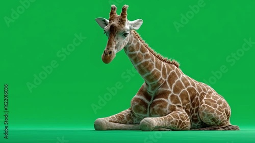 A giraffe with brown and white spots is lying down on a green background looking to the left side green screen animal video