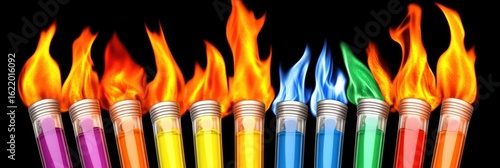Colorful flames emanating from scientific test tubes.