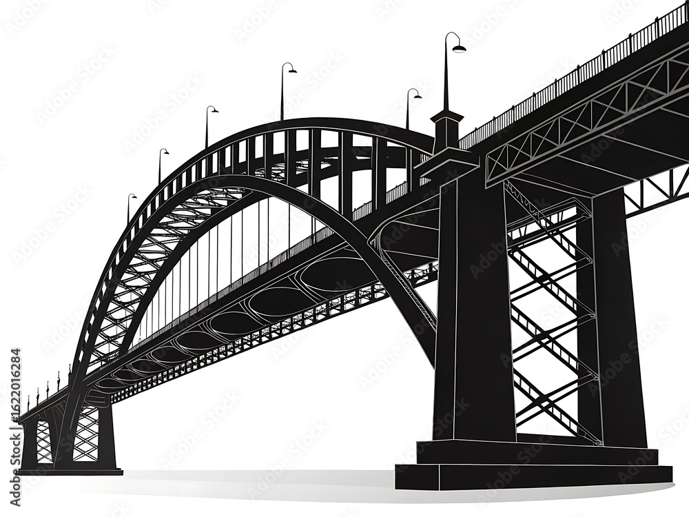 Obraz premium Dramatic silhouette of a large steel arch bridge against a white background
