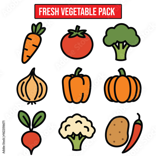 Fresh Vegetable Icon Pack | Colorful Flat Style Healthy Food Set