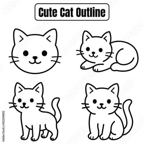 Cute Cat Outline Vector Set | Kawaii Style Line Art Illustrations