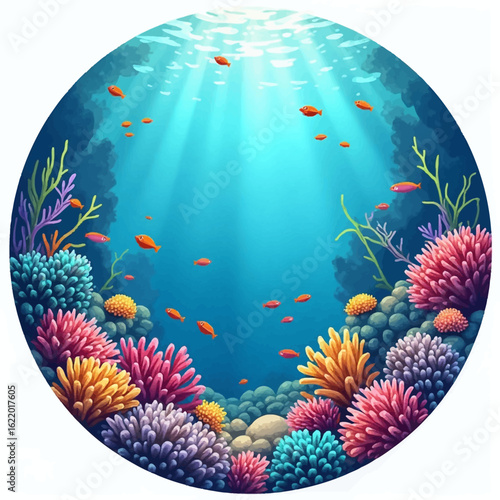 Vibrant underwater scene showcasing colorful coral reef teeming with small fish, sunbeams penetrating the ocean's surface.