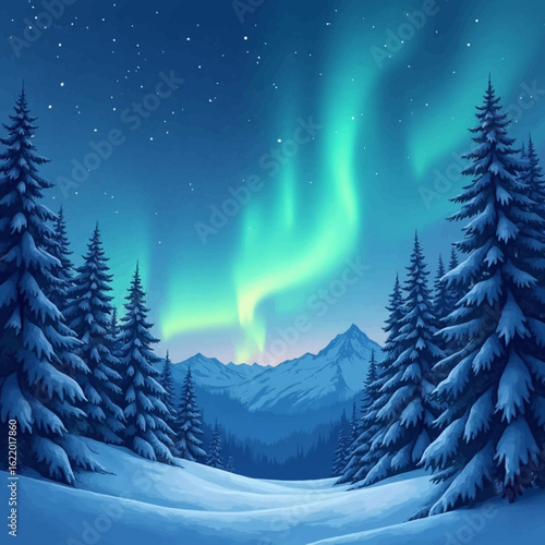 Snowy mountain landscape at night, illuminated by vibrant aurora borealis.