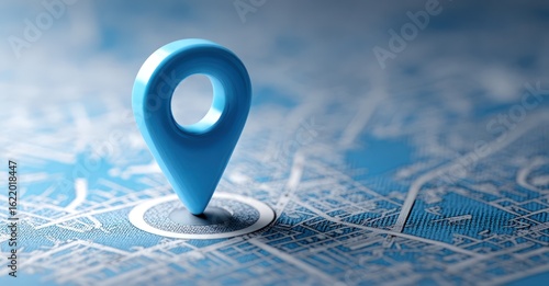 Blue pin drops on a city map, depth of field
