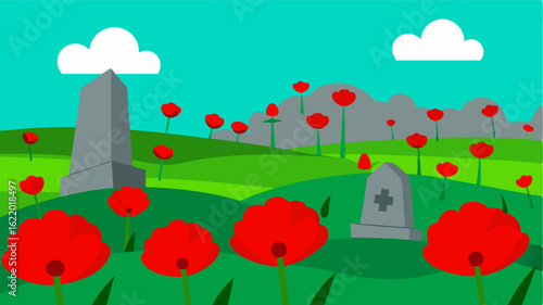 The landscape is a patchwork of colors with bright green fields solemn gray gravestones and vibrant red poppies that symbolize the shed that occurred here.