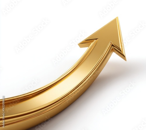 A golden, curved arrow points upwards on a white background