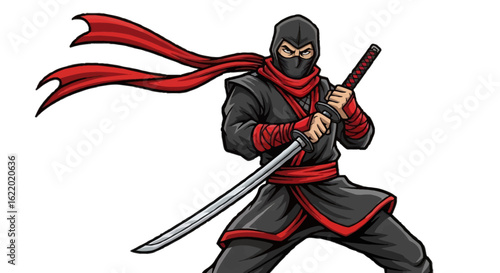 Stealthy ninja warrior character in a fighting stance holding a katana sword. Traditional Japanese shinobi assassin mascot illustration.