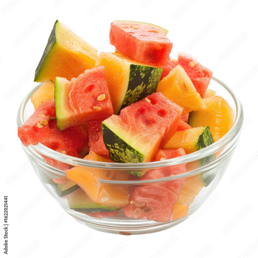 Cubes of watermelon and cantaloupe in a bowl Cubes of watermelon and cantaloupe in a bowl