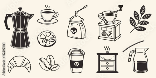 Coffee themed doodle illustration with various brewing methods and coffee related items