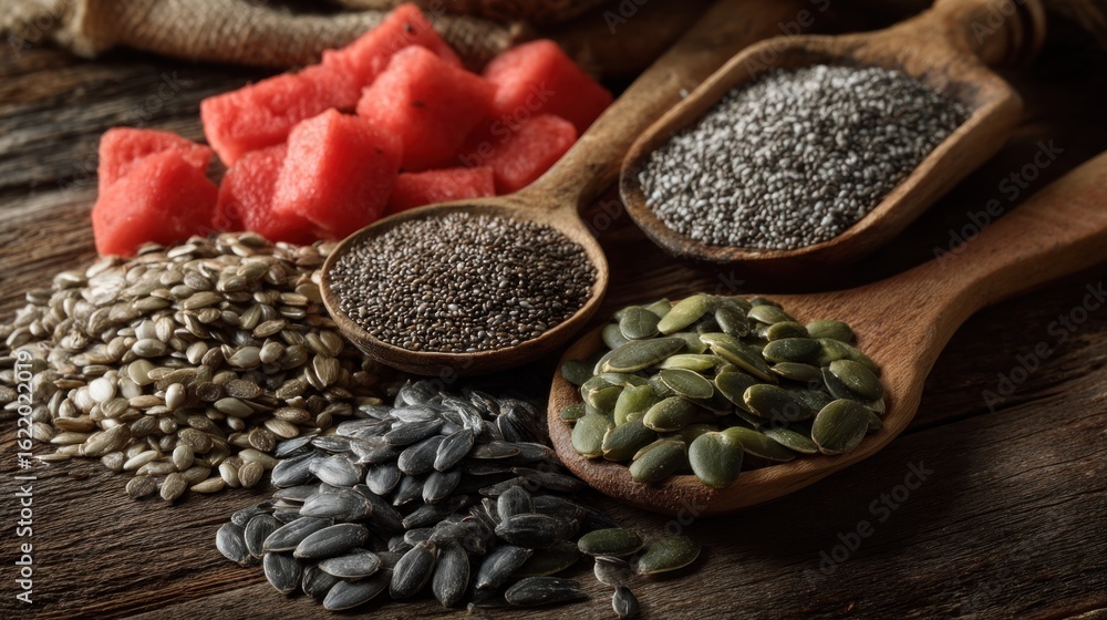 Fototapeta premium Assorted seeds and watermelon, a healthy snack