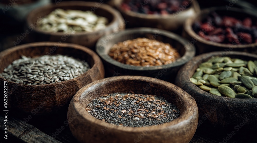 Fototapeta premium Variety of nutritious seeds and superfoods in small wooden bowls