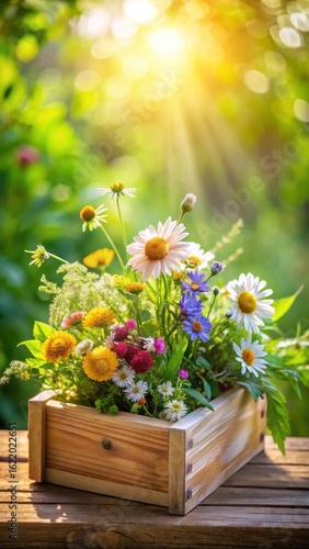 A delicate arrangement of vibrant wildflowers in a small wooden box