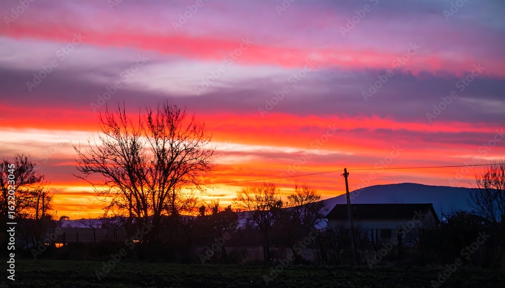 Fototapeta premium Dramatic fiery sunset over a rural landscape with tree silhouettes